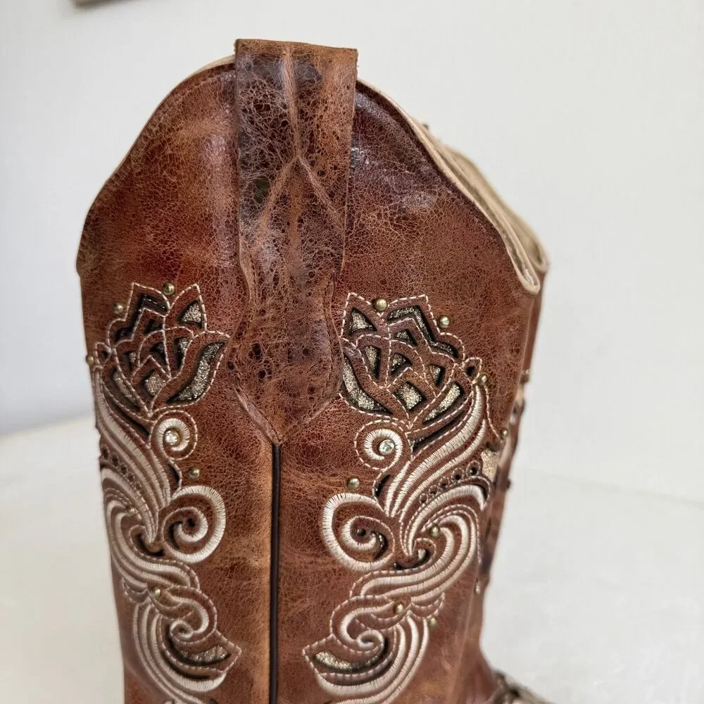 Stiefeld Handcrafted Leather Western Boots Women 8.5 Floral Embroidered Crystal